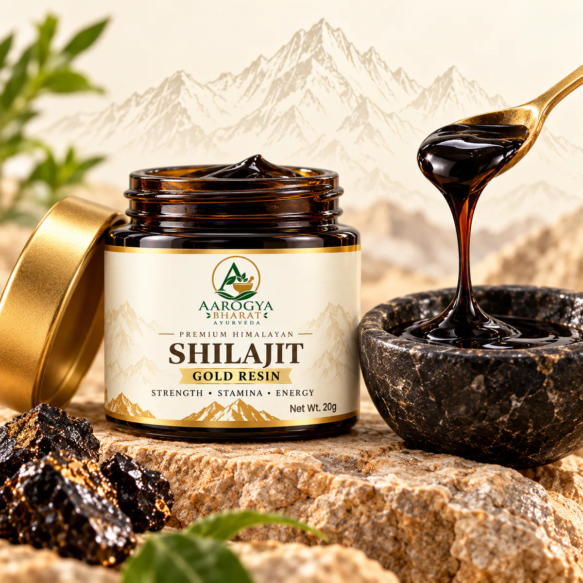 Shilajit Resin Gold — open jar and a gold spoon showing the glossy resin texture