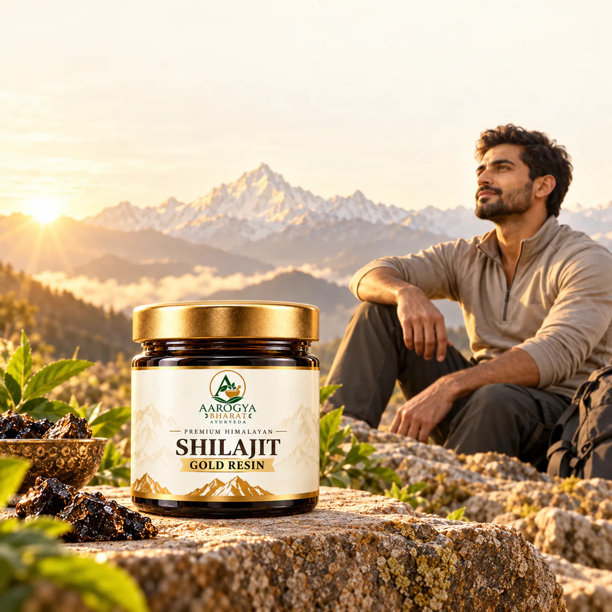 Shilajit Resin Gold — jar in a golden Himalayan outdoor wellness setting