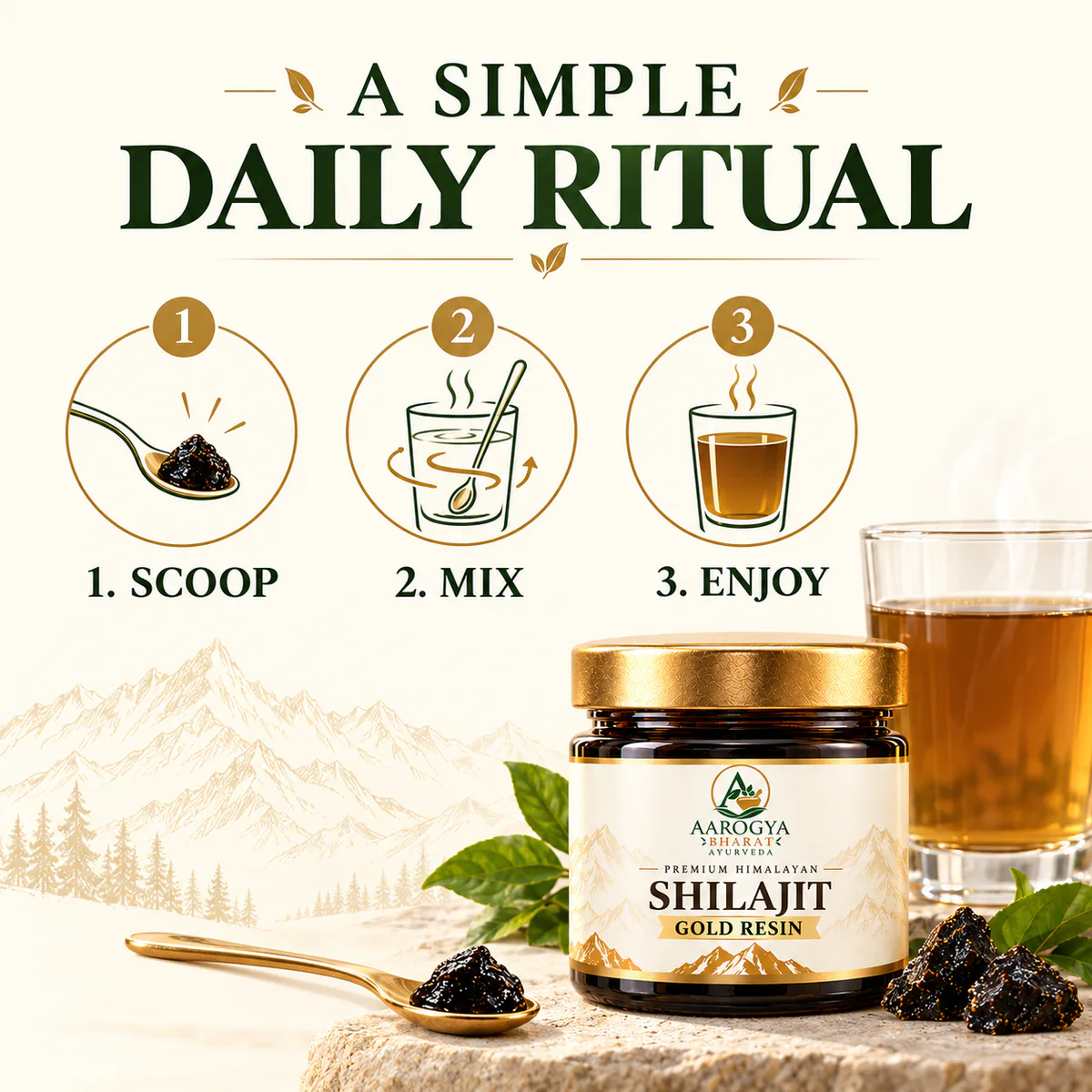 Shilajit Resin Gold — original three-step scoop, mix, and enjoy ritual guide