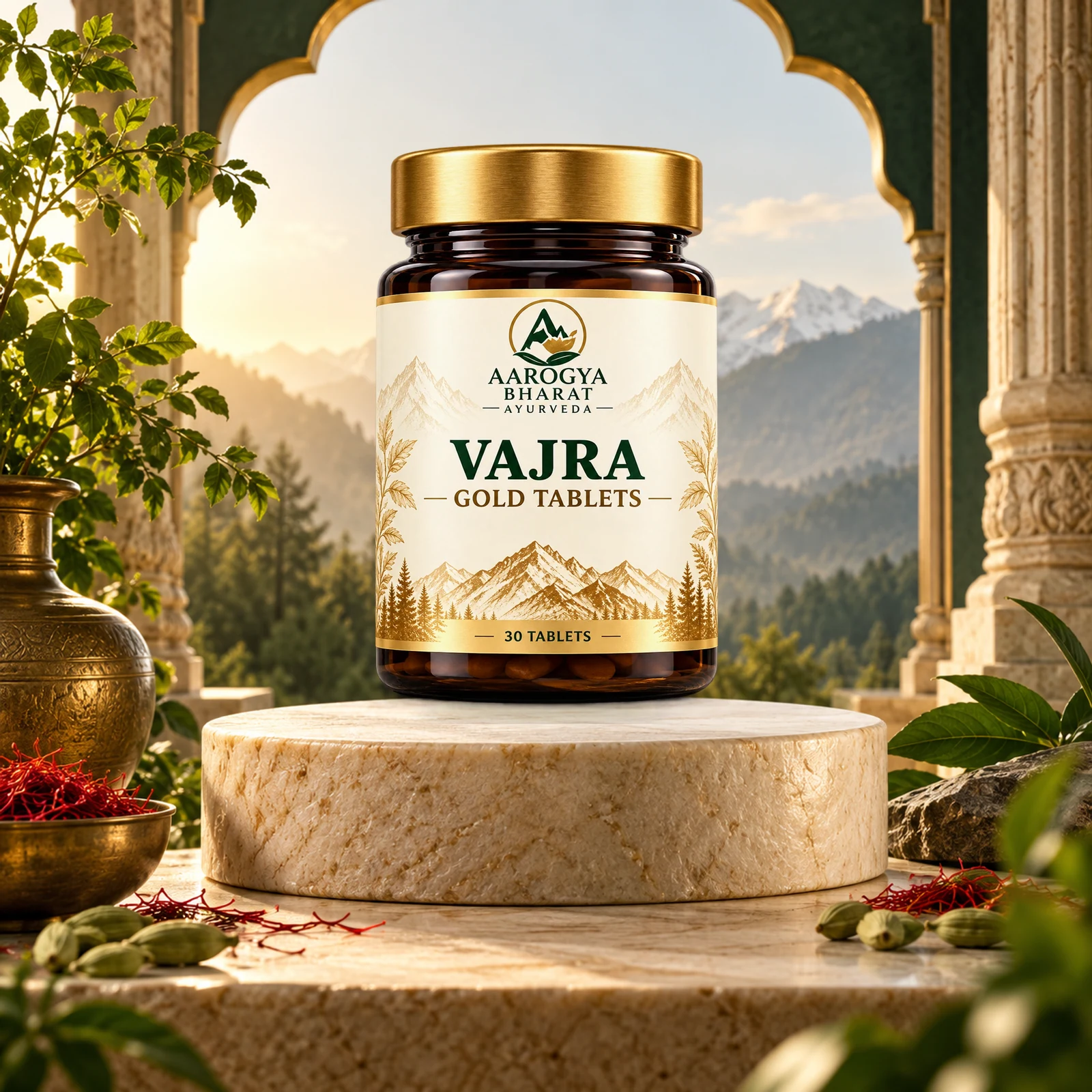 Vajra Gold Tablets — real packshot staged at a realistic scale on a Himalayan stone pedestal